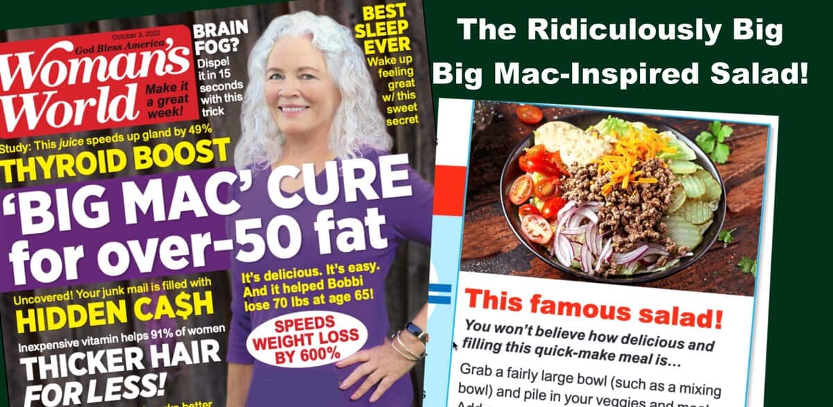 A collage of pieces from the Woman's World feature of the Ridiculously Big Big Mac Salad