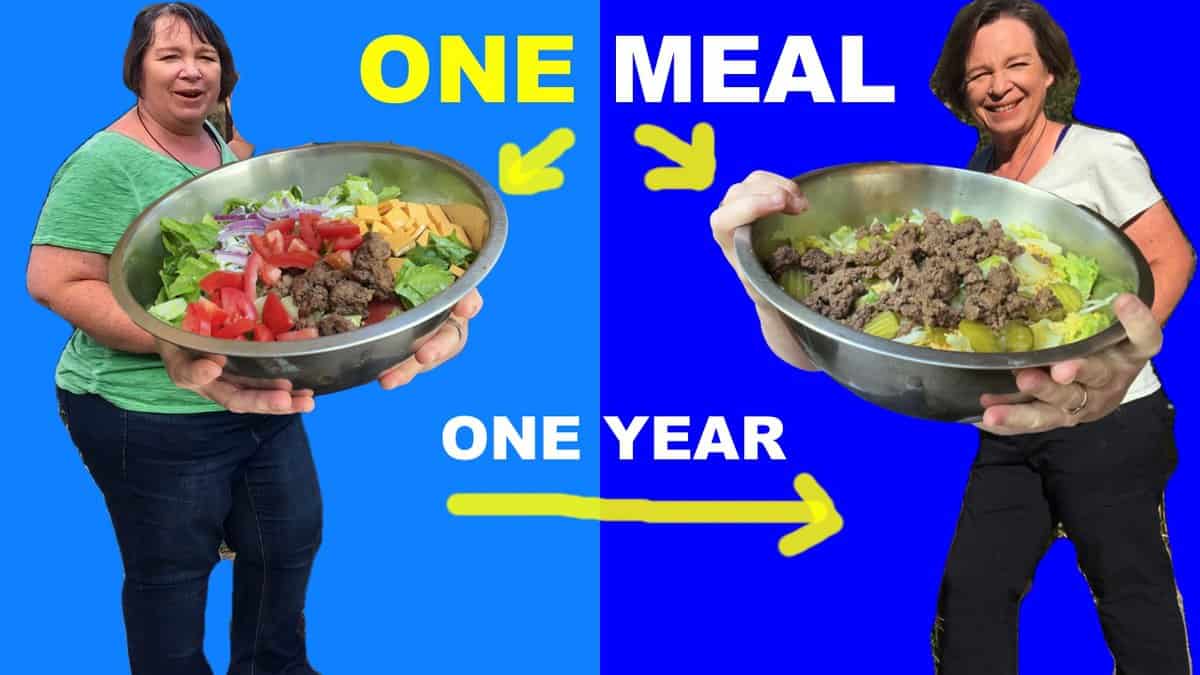 A graphic of Amanda Rose, before and after, holding a giant meal