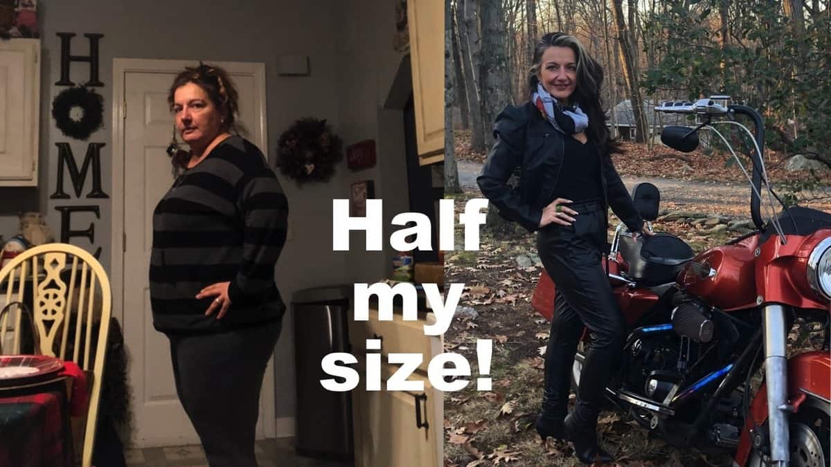 Maria, half her size, at about 128 pounds, standing in front of a red motor cycle wearing black leather pants and a black leather jacket. To the left is her "before" picture.