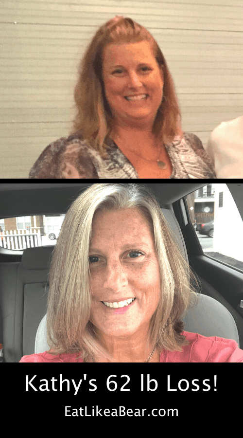 Kathy, pictured in her before and after photos, displaying her weight loss success story