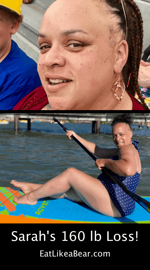 Sarah, pictured in her before and after photos, displaying her weight loss success story