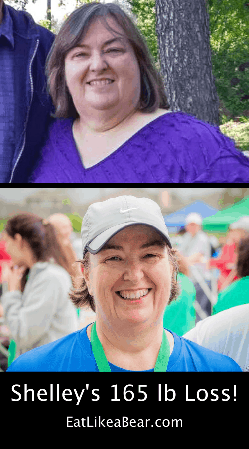 Shelley, pictured in her before and after photos, displaying her weight loss success story