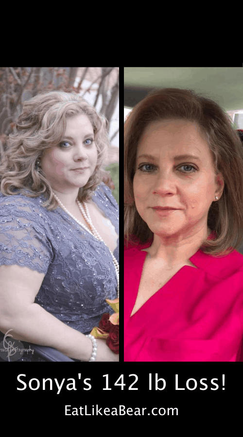 Sonya, pictured in her before and after photos, displaying her weight loss success story