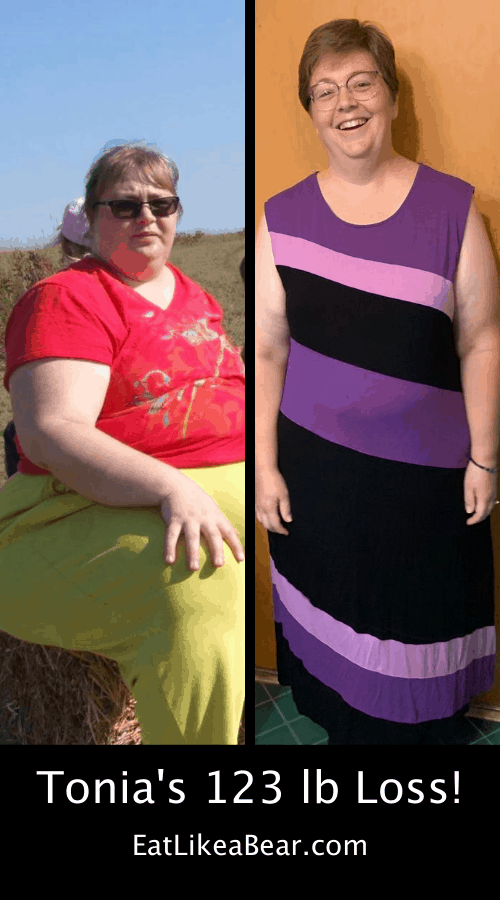 Tonia, pictured in her before and after photos, displaying her weight loss success story