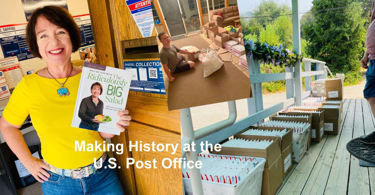 Amanda Rose in the post office holding the book, crates filled with books at the post office and in her house