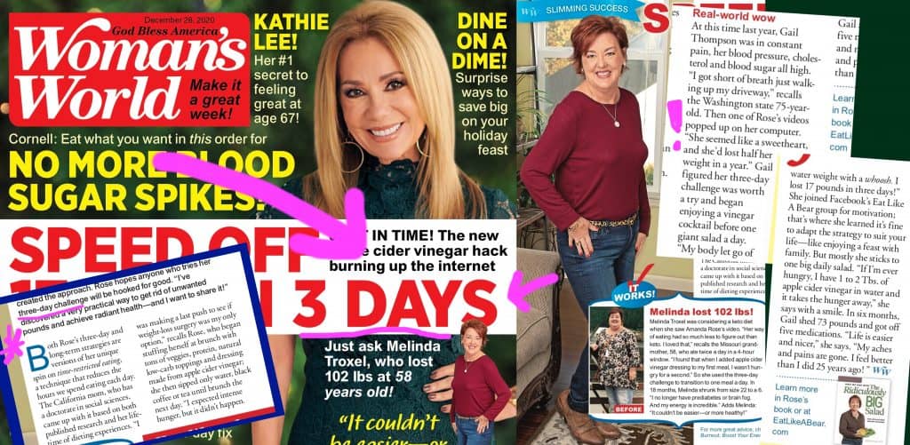 Compositional graphic of the December 28 2020 issue of Woman's World with Kathie Lee on the cover and Melinda and Gail's Eat Like a Bearstory