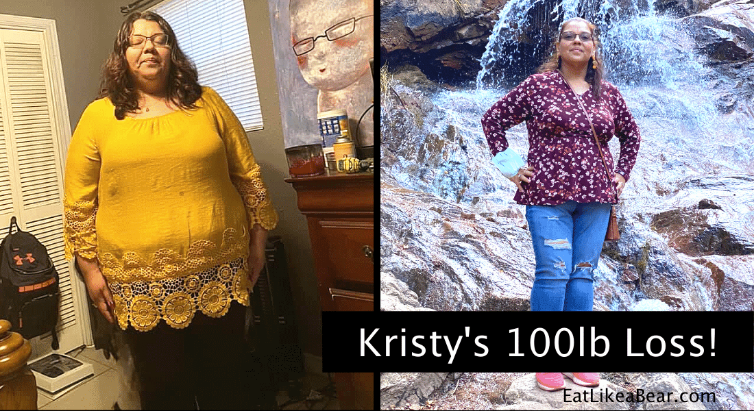 Photo of Kristy before and after 100 pound weight loss