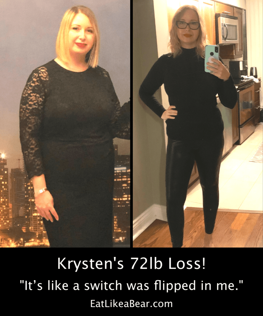 Photo of Krysten before and after 72 pound weight loss