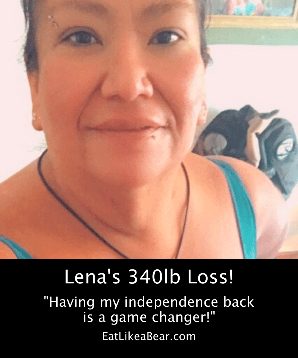 Before and after photo of Lena with the title "Lena's 340 lb loss"
