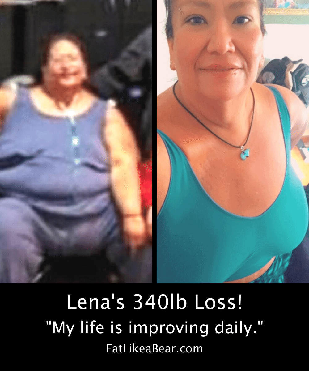 Before and after photo of Lena with the title "Lena's 340 lb loss"