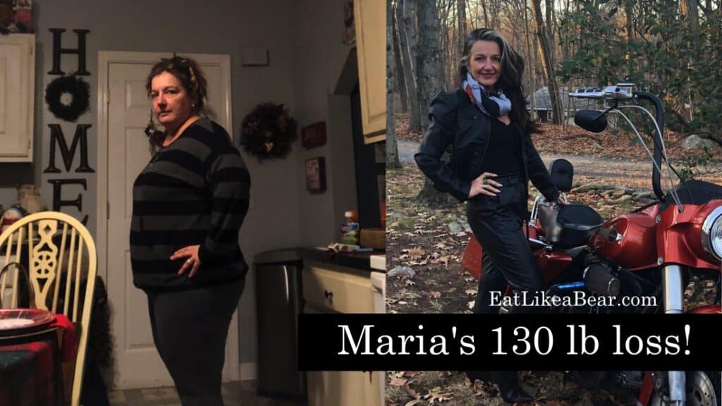 Before and after photo of Maria with the title "Maria's 130 lb loss"