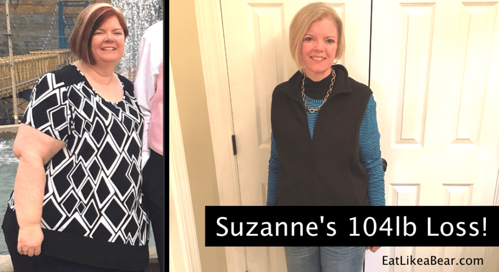 Photo of Suzanne before and after 104 pound weight loss