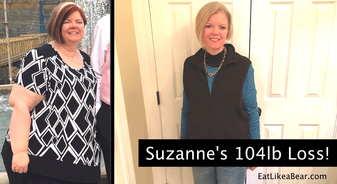 Photo of Suzanne before and after 104 pound weight loss