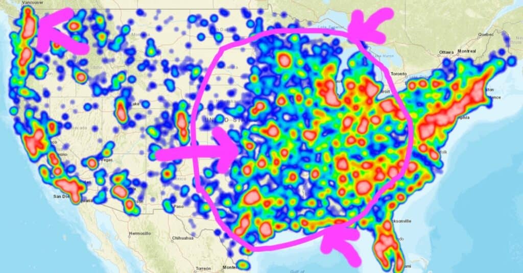 A "heat map" of the Eat Like a Bear community with arrows pointing to the MidWest and the Pacific Northwest