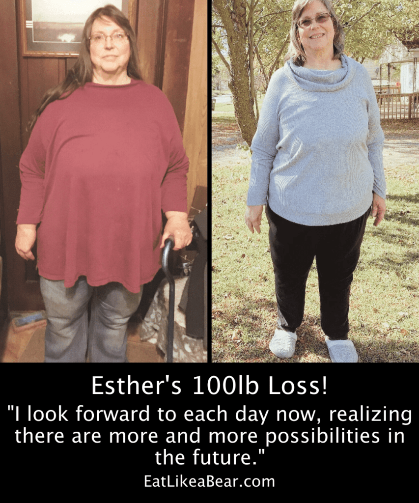 Photo of Esther before and after 100 pound weight loss