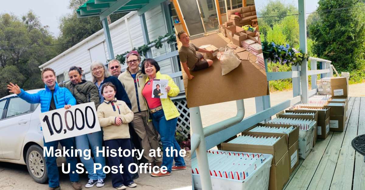 Amanda Rose and family in the post office holding the book, crates filled with books at the post office and in her house