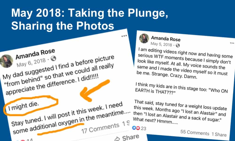 Amanda's Facebook posts from May 2018 showing fear of posting photos