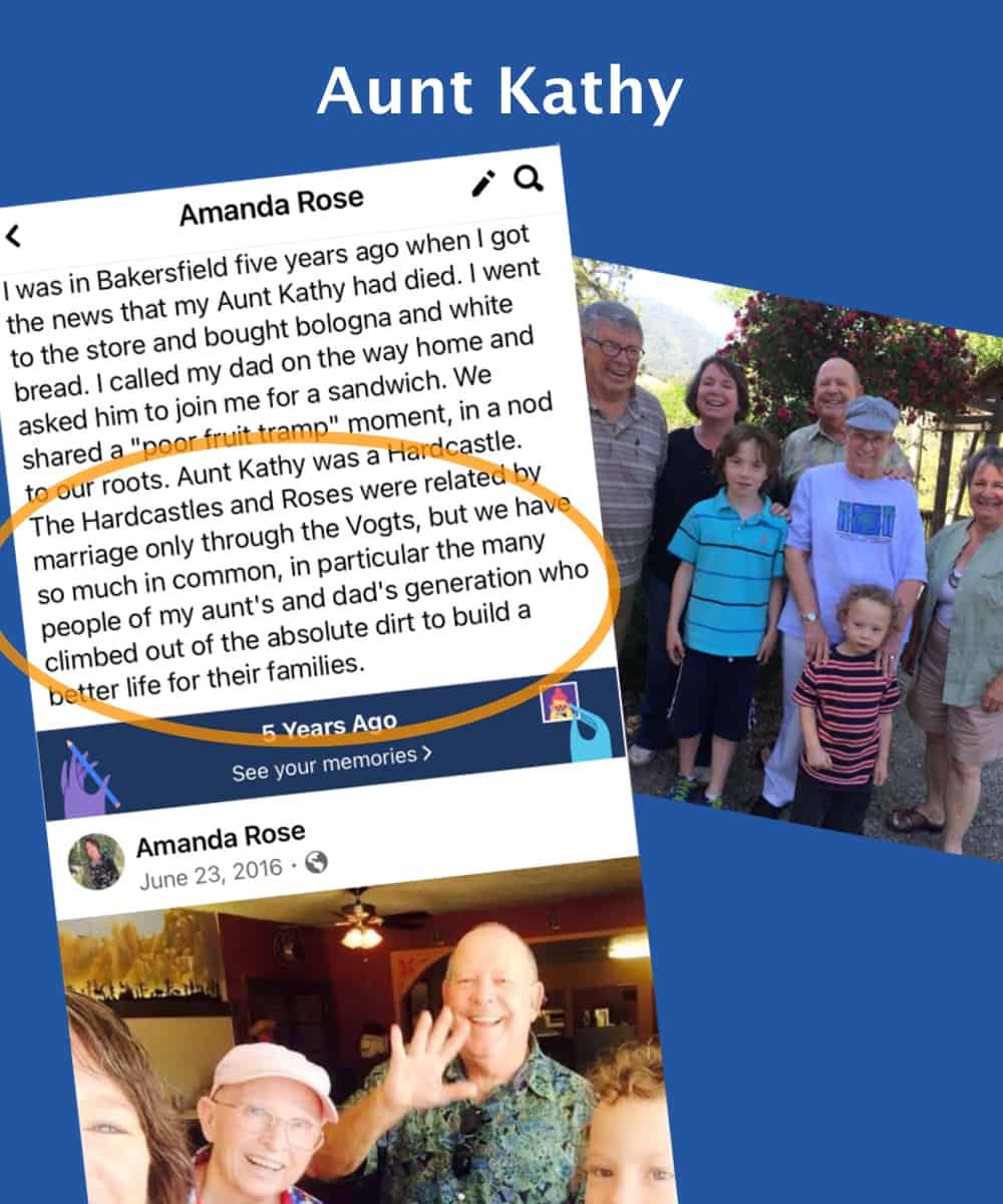 Photos and a social media post about Amanda's Aunt Kathy who "climbed out of the dirt" of poverty