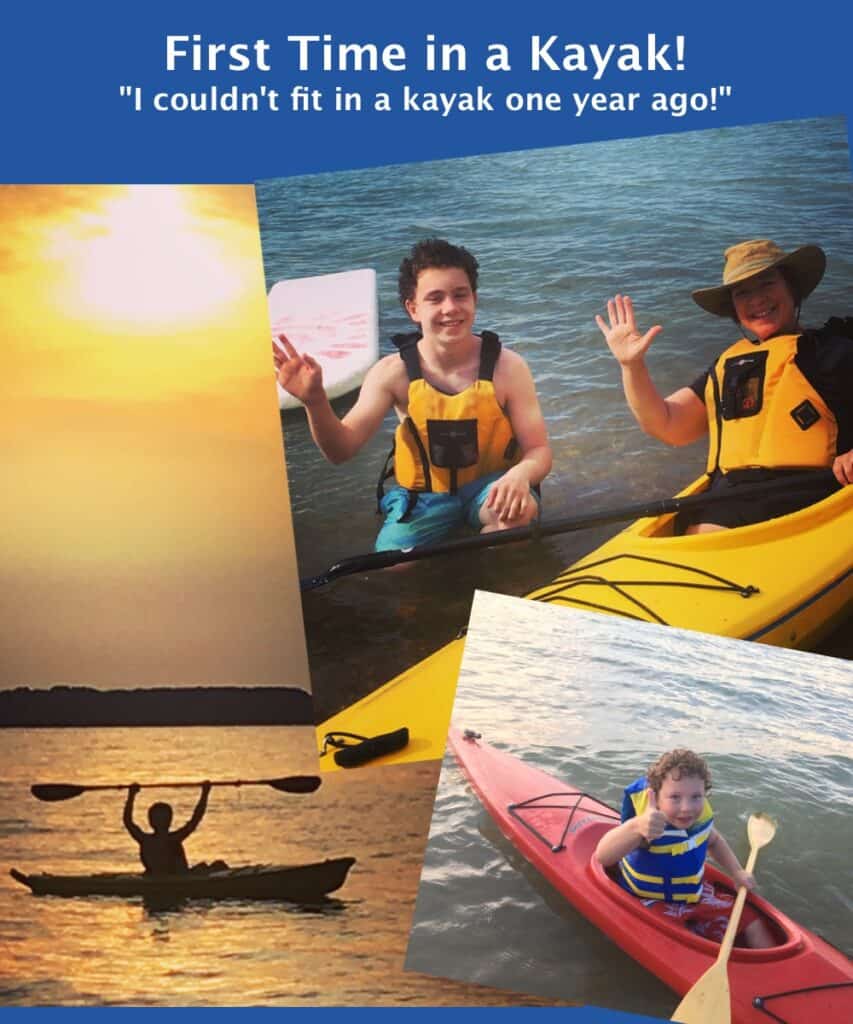Amanda and sons on kayaks in Lake Michigan