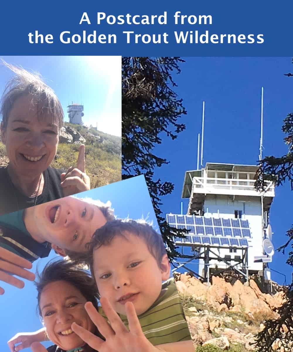 Amanda and sons at the Jordon Peak Lookout Tower in the Golden Trout Wilderness