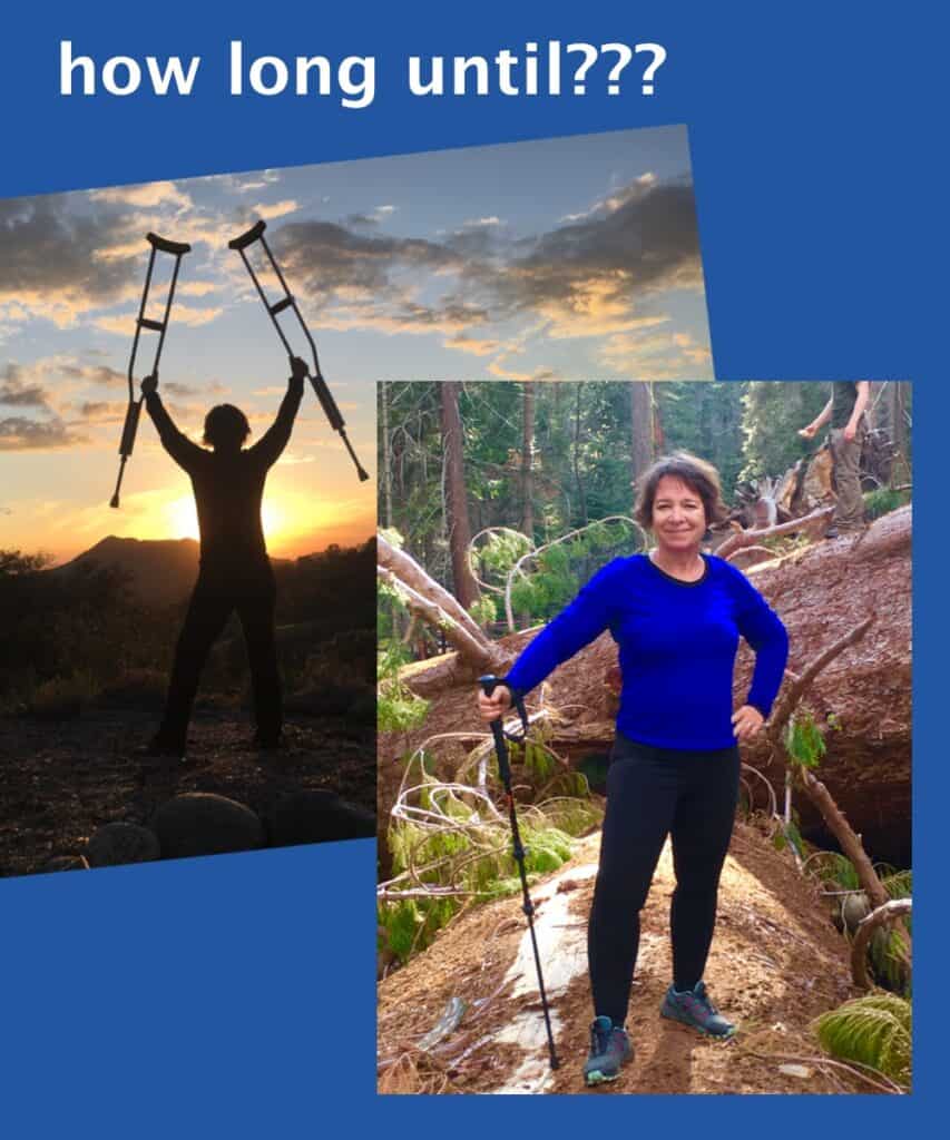 Amanda Rose graphic, one photo holding up crutches, the second hiking