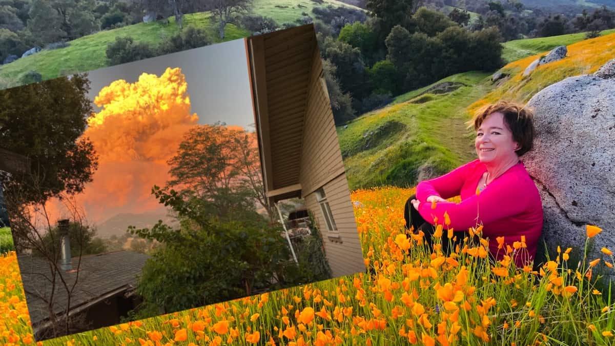 Amanda Rose in a field of poppies, with a wild fire photo included