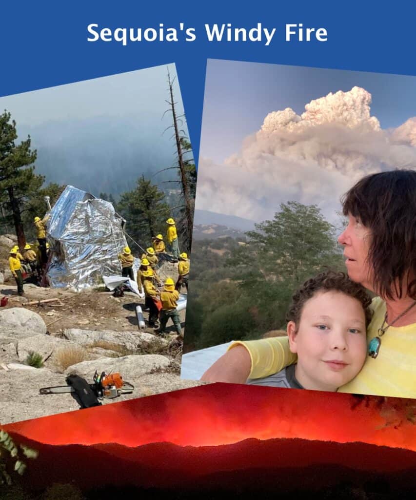 Photos collage from the Windy Fire. Fire fighters shielding the Mule Peak lookout, Amanda and son viewing a fire cloud, fire on the night horizon.