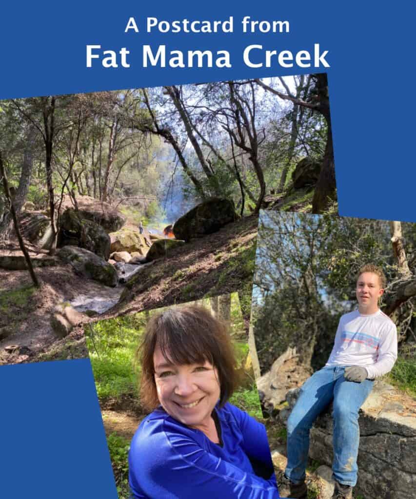 A photo collage of Amanda and son working at "Fat Mama Creek"