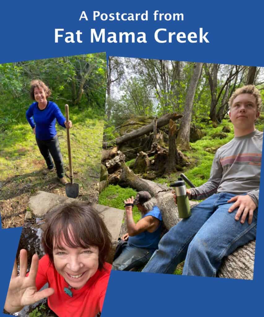 A photo collage of Amanda and son working at "Fat Mama Creek"