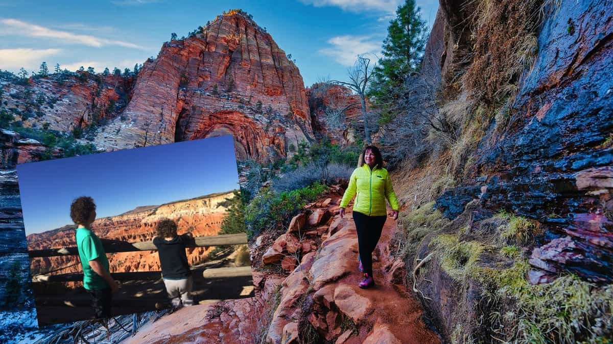 Amanda Rose in a Zion canyon, sons overlooking Cedar Breaks