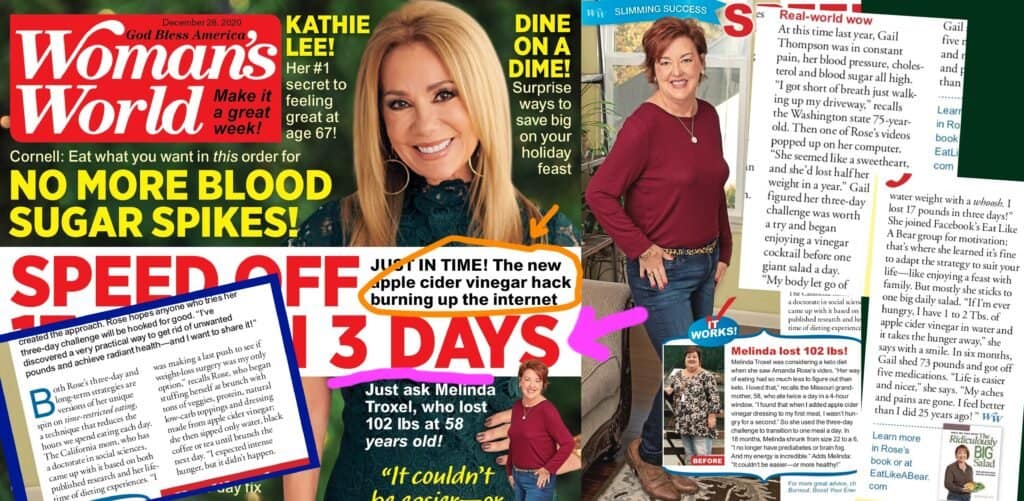 A collage from the December 28, 2020 issue of Woman's World magazine, with the magazine cover and snippets from the article, including a photo of Melinda Troxel.