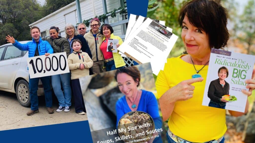 Collage of product offerings, with Amanda holding books