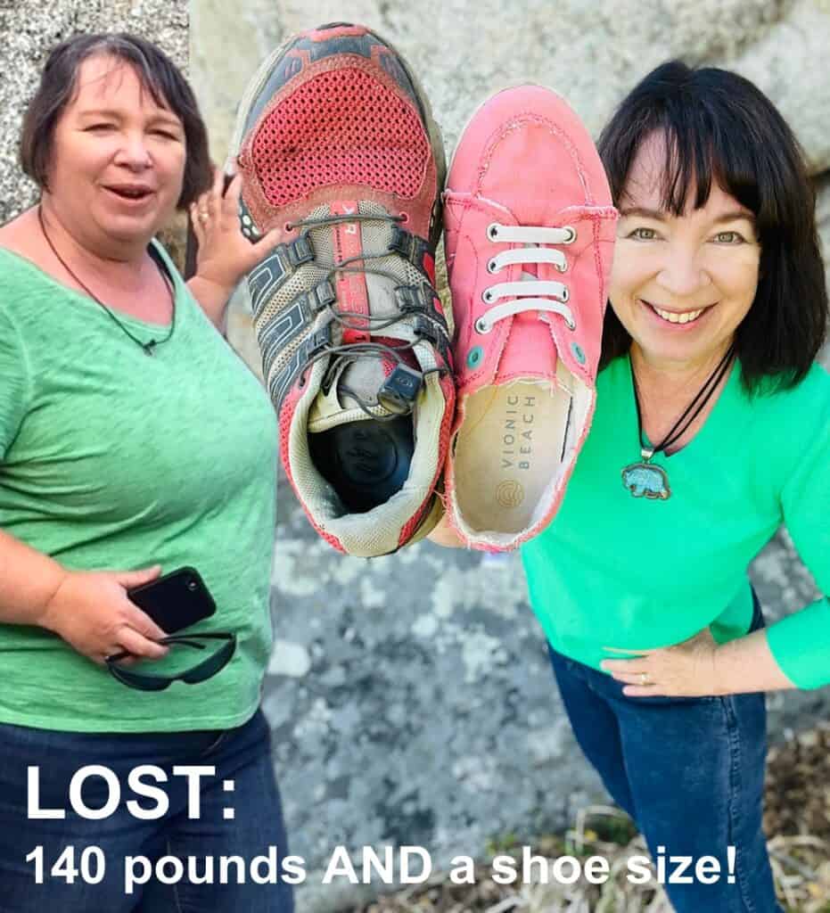 Amanda Rose in 2022 and in 2017, with two pairs of shoes in different sizes