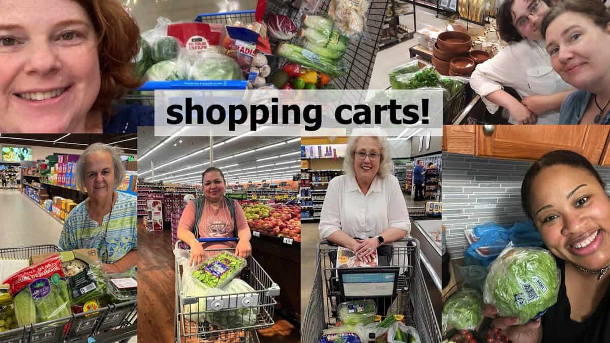 A collage of photos of members with their shopping carts