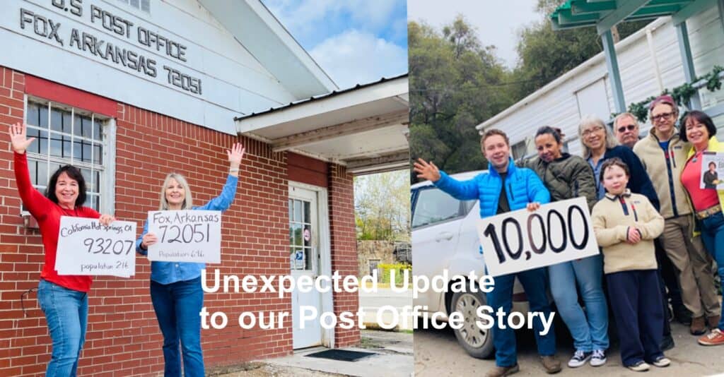 A photo of Amanda's post office and the crew that helped with shipping books, along with a photo of Amanda and Renee Carr at the Fox post office