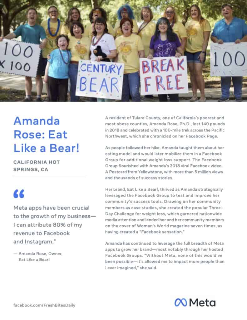 Meta's statement highlighting Amanda Rose and Eat Like a Bear