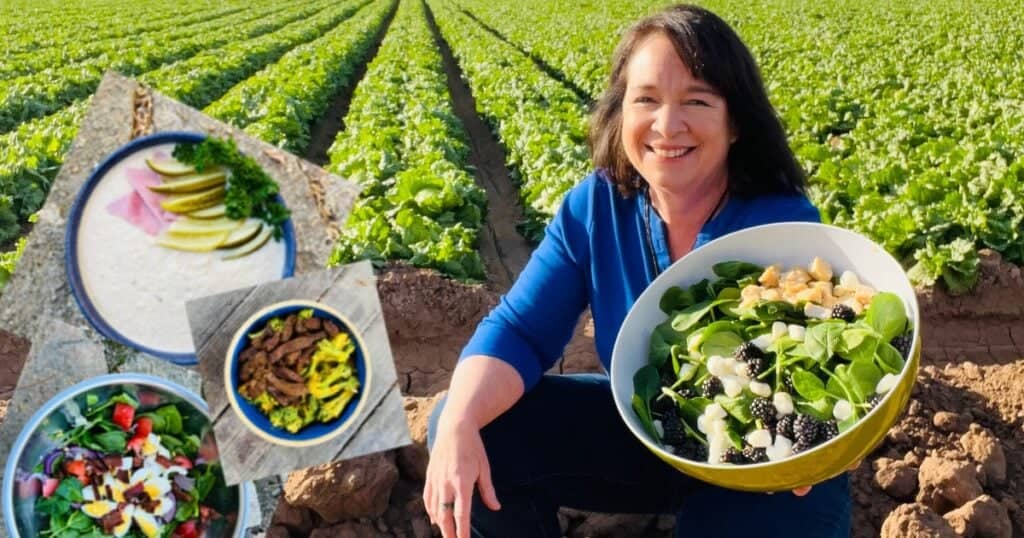 A graphic with four recipes, Amanda Rose, and a lettuce field